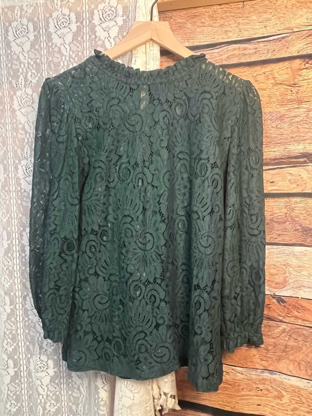 Adiva Dark Green Lace Ruffle-Neck Blouse (237) - Picture 2 of 9